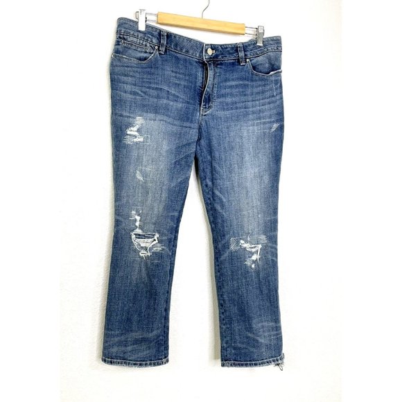 White House Black Market Pants - White House Black Market Crop Jeans Size 14 Blue Straight Distress Denim WHBM